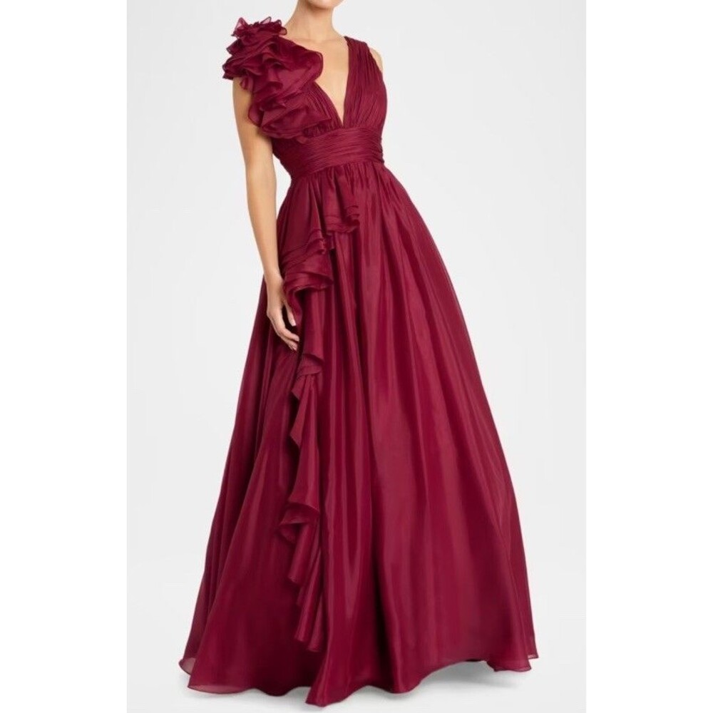 Mac Duggal NWT 14 Wine Plunging V-Neck Ruffled Ball Gown Formal Evening Dress